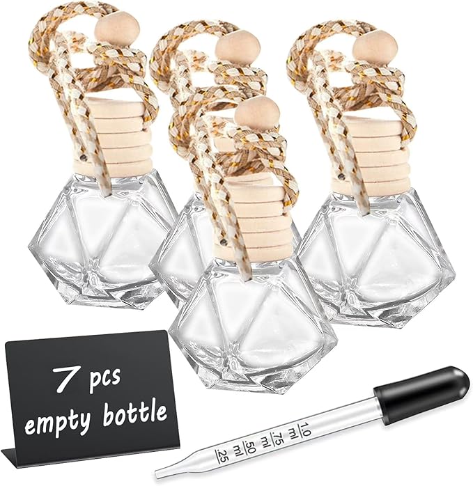 7 PCS MINI Cute Glass Bottle with Suspended Wooden Cover and Plastic Dropper,Car Air Freshener Perfume Bottle,Empty DIY Bottle Décor