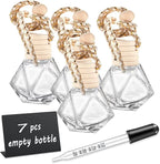 7 PCS MINI Cute Glass Bottle with Suspended Wooden Cover and Plastic Dropper,Car Air Freshener Perfume Bottle,Empty DIY Bottle Décor