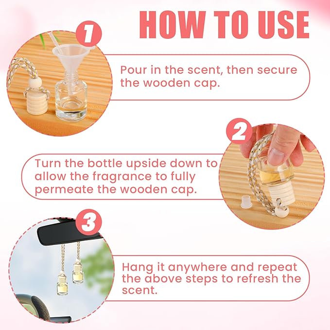 20 Pcs Car Diffuser Bottle Set with Wooden Caps,Dropper and Funnel, Empty Glass Car Air Freshener Bottle Bulk Hanging Essential Oil Fragrance Pendants for Car Decor，Can DIY Car Air Freshners Diffuser