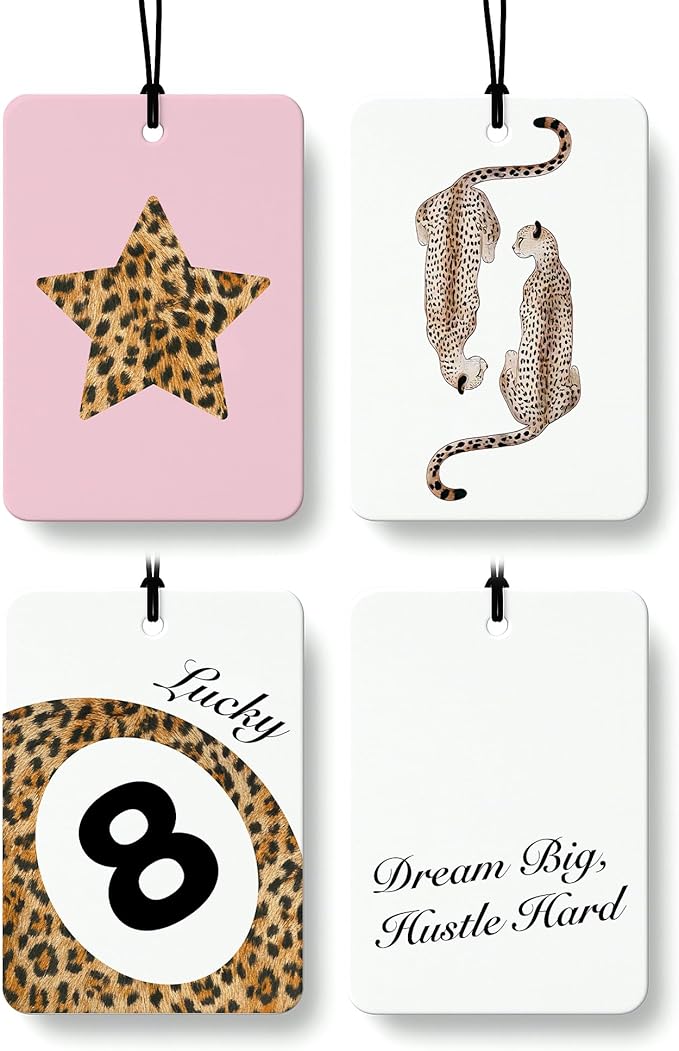 Trendy Leopard Car Air Freshener 4 Pcs, Preppy Pink Cheetah Print Star Lucky 8 Ball Hanging Air Freshener for Cars Closet Drawer Books, Cute Girly Car Accessories Mirror Decor for Women