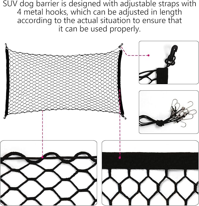 Dog Car Net Barrier for SUV - Pet Car Divider Back Seat Barrier Net, Easy to Install and Remove,with Flexible Bungee Cords Adjustable for Trucks, SUV, Vans, Universal Fit Sturdy Mesh (47 * 27 inches)