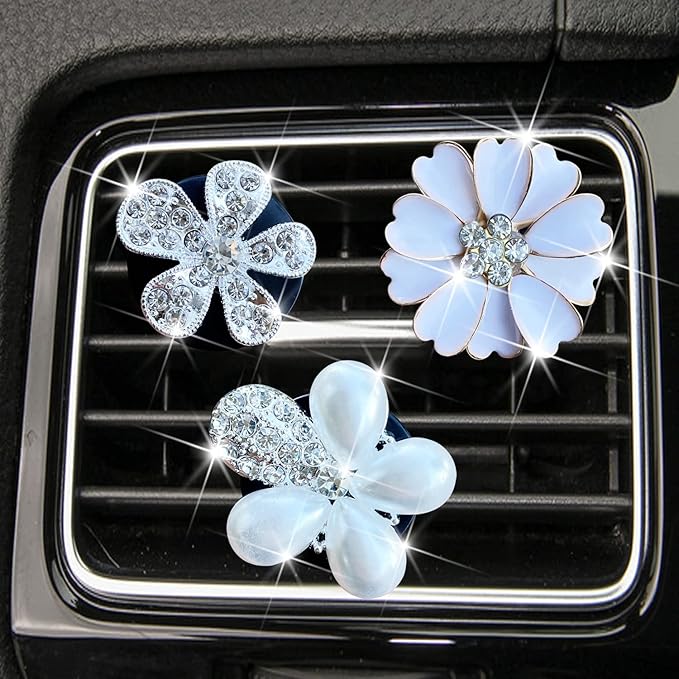 Bling Daisy 3-Pcs Crystal Flower Air Vent Clips - Rhinestone Cute Car Air Freshener Clips & Decor