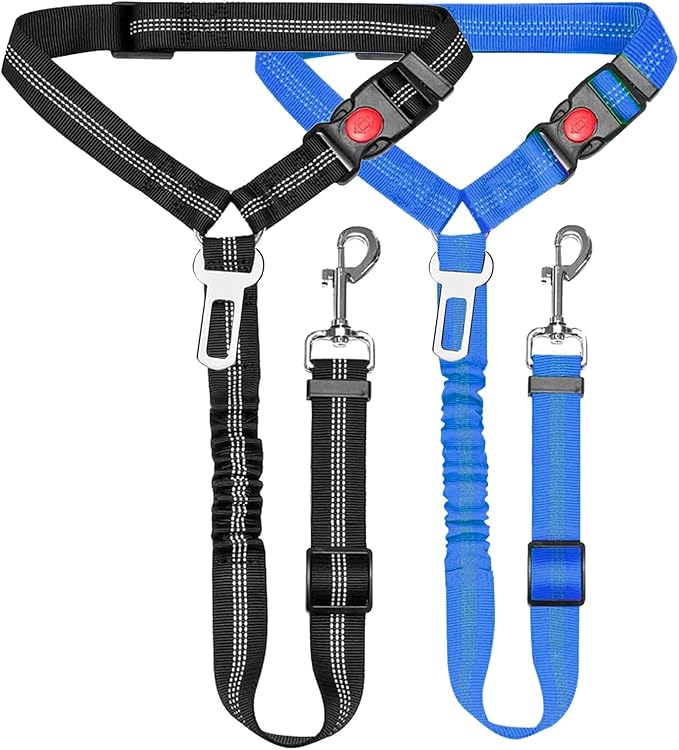 Removable Dog Seat Belt Harness for Car, 3 in 1 Pet Car Seatbelt Leash, Retractable Restraint Secures to Vehicle Headrest & Adjustable Reflective Dog Seatbelt Tether (Deep Blue&Black, 2pcs)