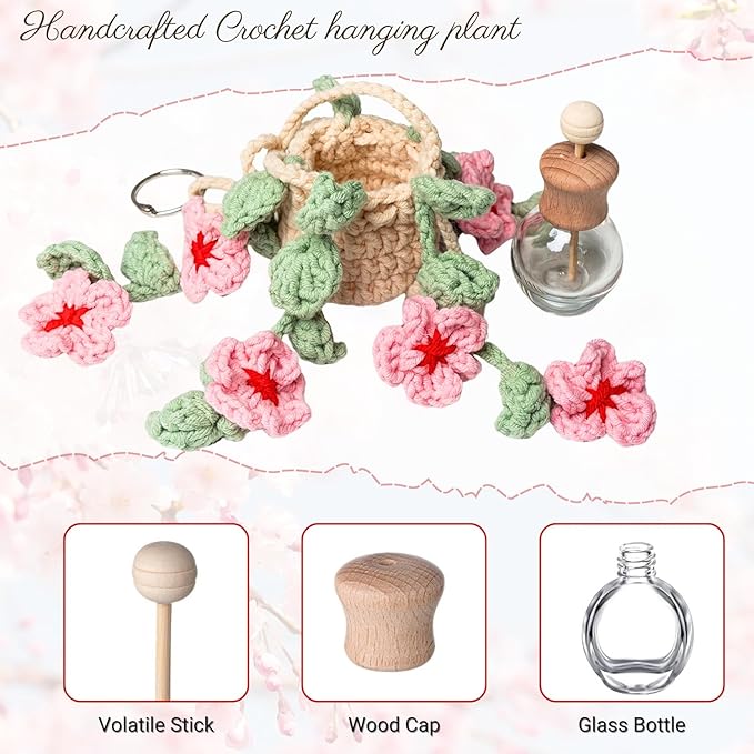 Crochet Car Air Freshener, 15ml Empty Refillable Oil Diffuser Bottle With Crochet Cherry Blossom Hanging Plant for Car Accessories, Crochet Plant for Rear View Mirror Decor, Home and Office Decor