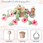 Crochet Car Air Freshener, 15ml Empty Refillable Oil Diffuser Bottle With Crochet Cherry Blossom Hanging Plant for Car Accessories, Crochet Plant for Rear View Mirror Decor, Home and Office Decor