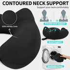 Inflatable Travel Neck Pillow for Airplane, Head Support Velvet Adult Neck Pillow for Long Flight, Kit with Eye Mask, Earplugs and Storage Bag,1, Black