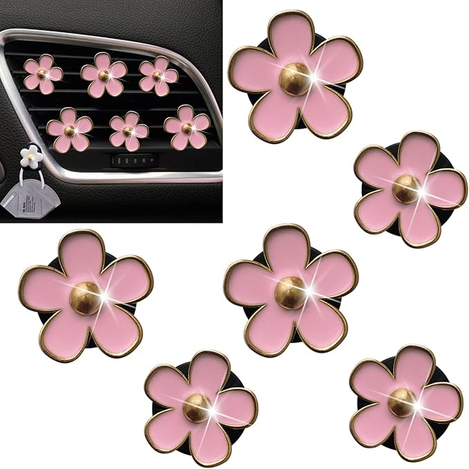 6 PCS Daisy Car Decorations, Cute Flower Air Vent Clip Dashboard Outlet Freshener Clips Interior Decor Charm Accessories for Girls Women (Pink), Count (Pack of 1)