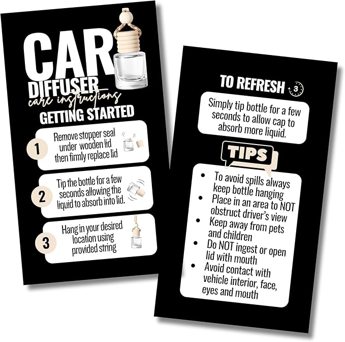 Car Diffuser Instruction Cards | Physical Printed 2" x 3.5" inches Business Card Size | Car Diffuser Supplies | White with Black Design (black)