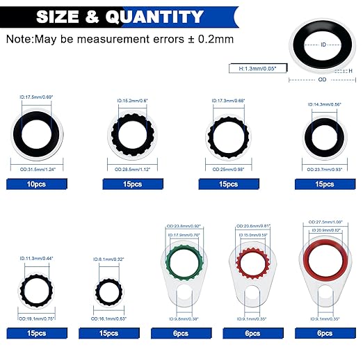 93PCS A/C Compressor Seal Washers Assortment Kit, 9 Sizes Air Conditioning System Compressor Port O-Rings, Replace Universal Automotive Self-Centered Bonded Sealing Washers (ID: 8mm-17.5mm)