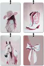 Pink Western Cowgirl Car Air Freshener 4 Pcs, Retro Coquette Pink Bow Cowgirl Boots Horse Air Freshener Hanging for Cars Books Closet Drawer, Cute Girly Car Accessories for Women Girls