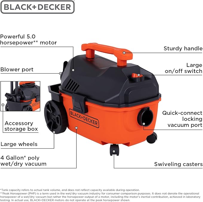 BLACK+DECKER Shop Vacuum Wet and Dry, 4 Gallon 5.0 Peak HP Wet/Dry Vacuum, Quiet Operation with Muffler, Long Reach Cleaning Range & On-Board Storage, Complete Accessory Set, BDXV18905P-4