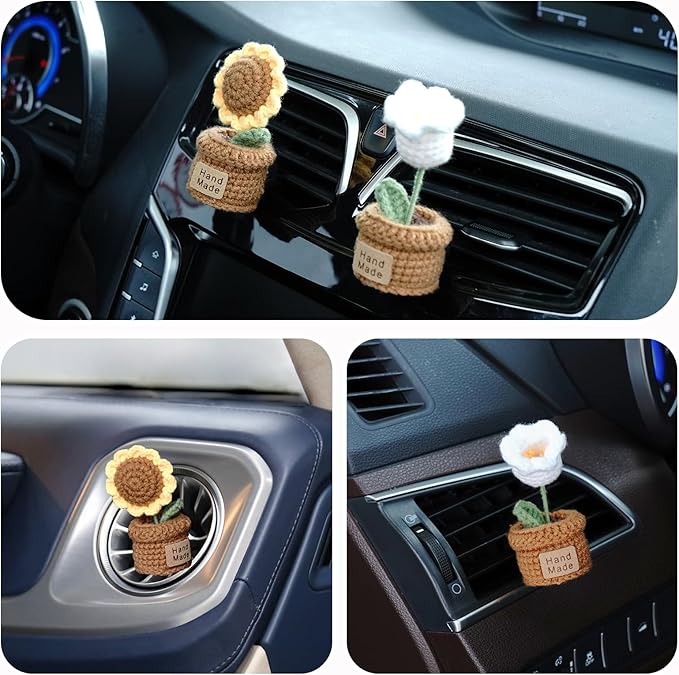 Wonhibo 2 Pack Flower Car Air Freshener Vent Clip, Cute Soft Stuffed Vent Decor Car Accessories for Women (M, Sunflower/Lily of The Valley)
