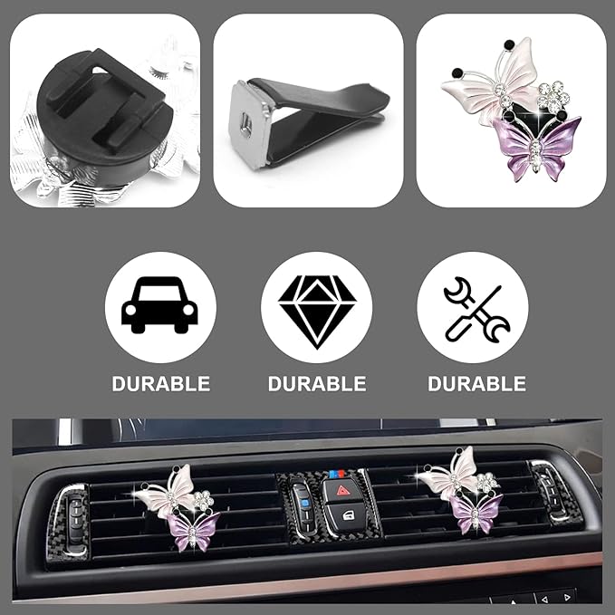 Cute Dual Butterfly Air Vent Clips, 2Pcs Dual Butterfly Diamond Car Air Fresheners Vent Clips, Car Air Conditioning Outlet Clip Decorative Interior Accessories(Pink)