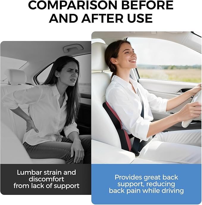 BEBAS Lumbar Support Pillow for Car, Ergonomic Memory Foam Back Cushion for Driving, Lower Back Support for Pain Relief, Lumbar Cushion for Car Seats, Office Chairs, Wheelchairs - Red