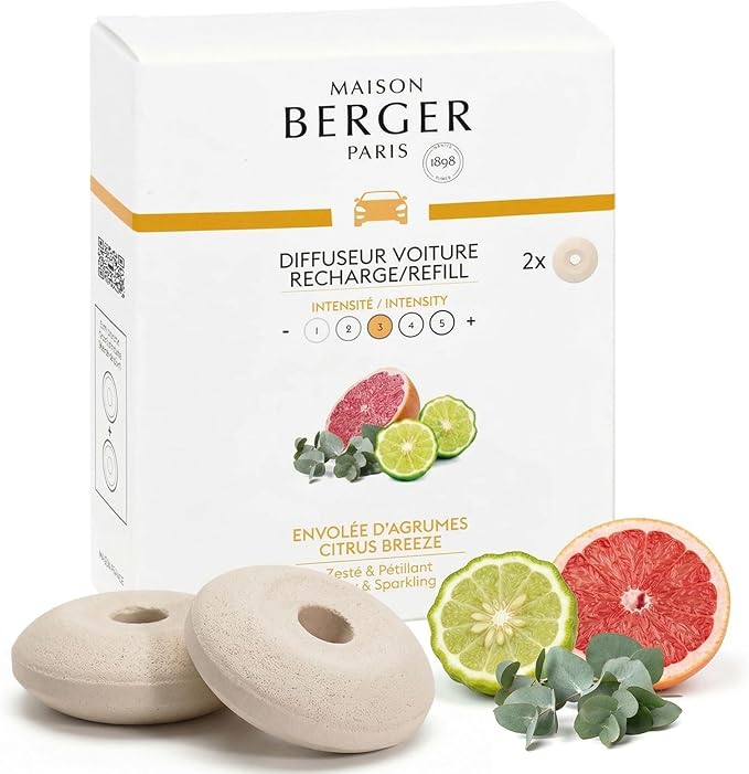 Maison Berger Luxury Car Diffuser Refill Set – Ceramic Inserts for Vent Clip Diffusers, 4-Week Passive Diffusion, Premium In-Car Fragrance Refill, Made in France (Citrus Breeze)