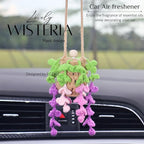 Handmade Crochet Hanging Car Air Freshener - Botanical Wisteria Blossom Design with 12ml Refillable Glass Essential Oil Bottle, Long-Lasting Car Diffuser & Nature-Inspired Decor