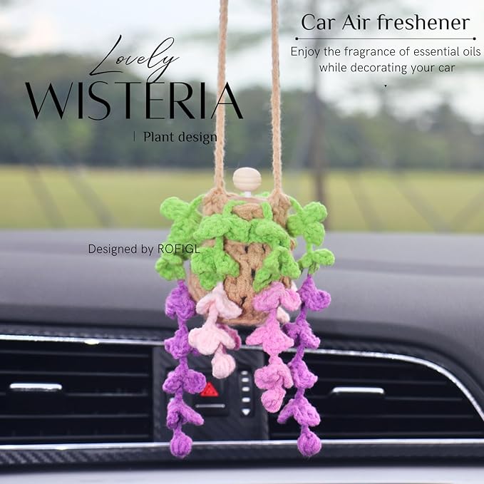 Handmade Crochet Hanging Car Air Freshener - Botanical Wisteria Blossom Design with 12ml Refillable Glass Essential Oil Bottle, Long-Lasting Car Diffuser & Nature-Inspired Decor