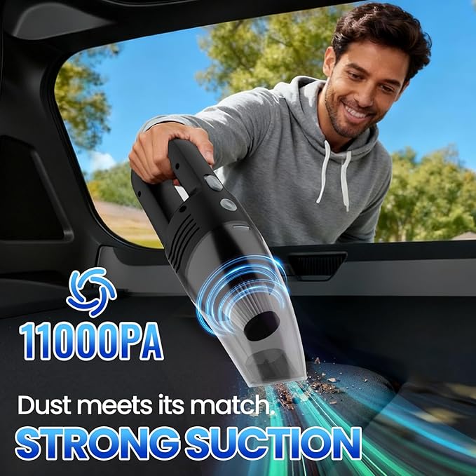 Handheld Vacuum Cordless Car Vacuum Cleaner 11000PA High Power Portable 1.4lbs Lightweight Rechargeable with 2 Filter Multi-Nozzles for Home Office Pet Hair Dust