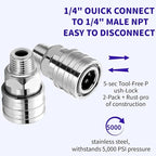 Stainless Steel 1/4" Quick Connect Fittings-Pressure Washer Accessories,Quick Release Couplers for Power Washers, Leak-Proof&Corrosion Resistant, 5000 PSI Pressure Washer Adapters (2-Pack)