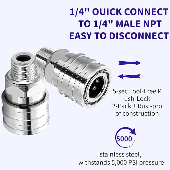 Stainless Steel 1/4" Quick Connect Fittings-Pressure Washer Accessories,Quick Release Couplers for Power Washers, Leak-Proof&Corrosion Resistant, 5000 PSI Pressure Washer Adapters (2-Pack)