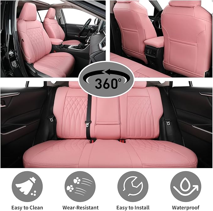 EKR Rav4 Seat Covers Custom Fit for Toyota Rav4 (Only Hybrid) 2019-2025 LE,XLE,XLE Premium,Limited,Woodland Edition, Leather Pink Seat Cover Full Set for Women,Faux Leather(Pink)