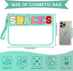 Snack Bag for Travel - Clear Chenille Varsity Letter Flat Pouch with Zipper, 12.2×8.46 inch Waterproof Clear Nylon Preppy Patch Makeup Cosmetic tote Bags for Women Girls
