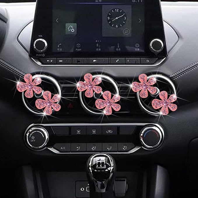 6 Pcs Pink Bling Flower Air Vent Clips, Cute Daisy Car Air Fresheners Vents Clips Car Diffuser Rhinestone Interior Decoration Charm Diamond Car Decor Bling Accessories for Women Girls, Decorations