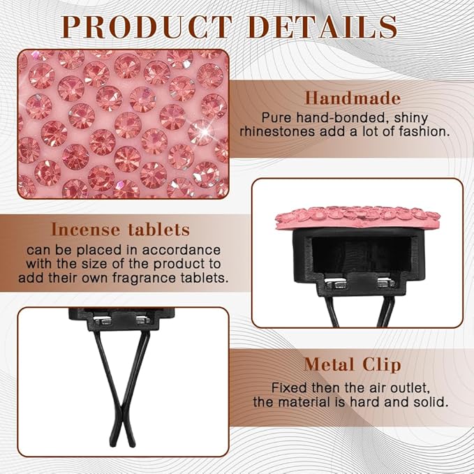 2PCS Heart-Shaped Car Vent Clip with Rhinestone, Car Vent Accessory, Bling Heart Charm Air Conditioning Outlet Clip, Auto Diffuser Air Freshener Charm for Women Girls (Pink, Heart)
