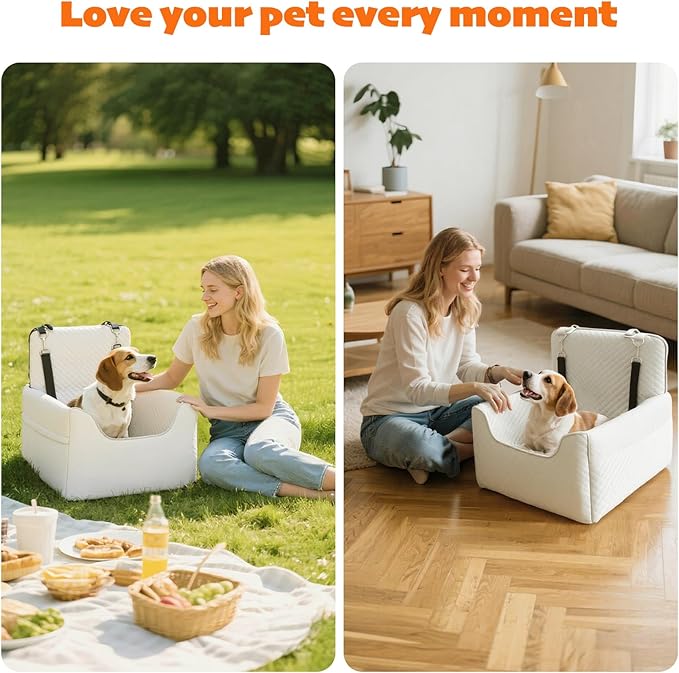Dog Car Seat for Small/Medium Dogs Under 35lbs, Soft Booster Car Seat with Detachable Washable Cover and Cushion, Memory Foam Pet Car Seat with Safety Belt and Storage Pockets, Puppy Dog Car Bed