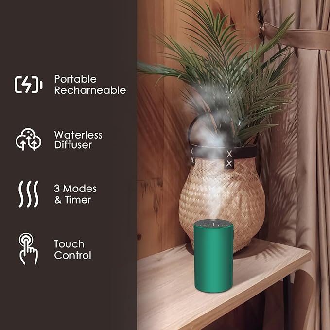 Waterless Essential Oil Diffuser, 7 Colors LED Light, Battery Powered Mini Scent Air Machine, Aromatherapy Mist Diffuser for Home Room Car Office (Green)