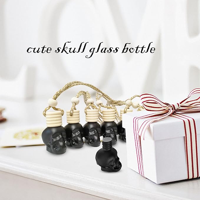 7PCS 15ML Skull Glass Bottle,Include Silica Gel Stopper,Wood Suspended Wooden Cover,1PCS Dropper and 1PCS MINI Funnel for Car Perfume Bottle,Home Decoration Bottle,Gift Bottle. (black)