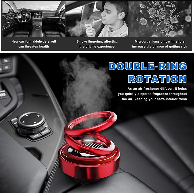 Solar Rotating Car Air Freshener, Solar Energy Refillable Car Dashboard Aromatherapy Ornament, Double Ring Fragrance Diffuser Decorative Accessories for Vehicle Home Office (Red)