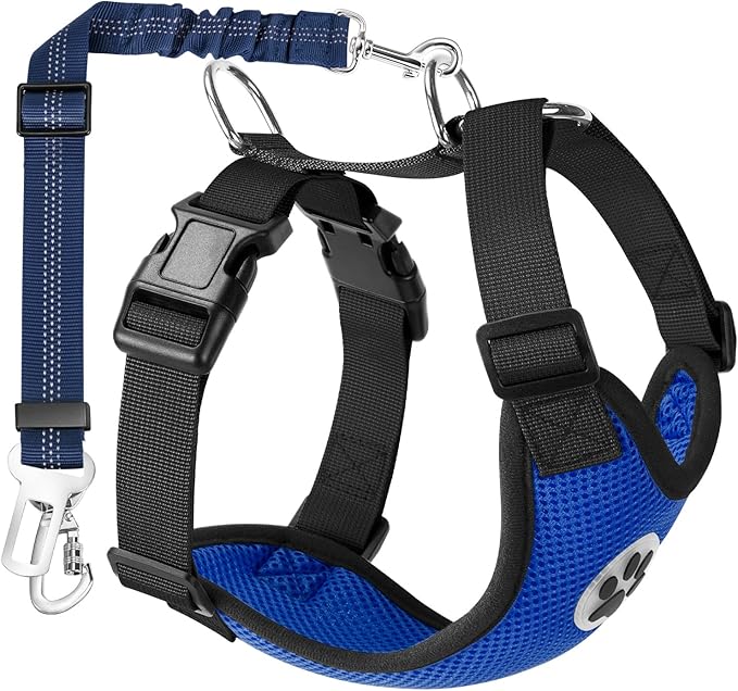 Lukovee Dog Seat Belt for Car, Adjustable Dog Car Harness for Large Medium Small Dogs, Soft Padded & Breathable Mesh Dog Seatbelt with Car Strap and Carabiner (Blue,XXS)