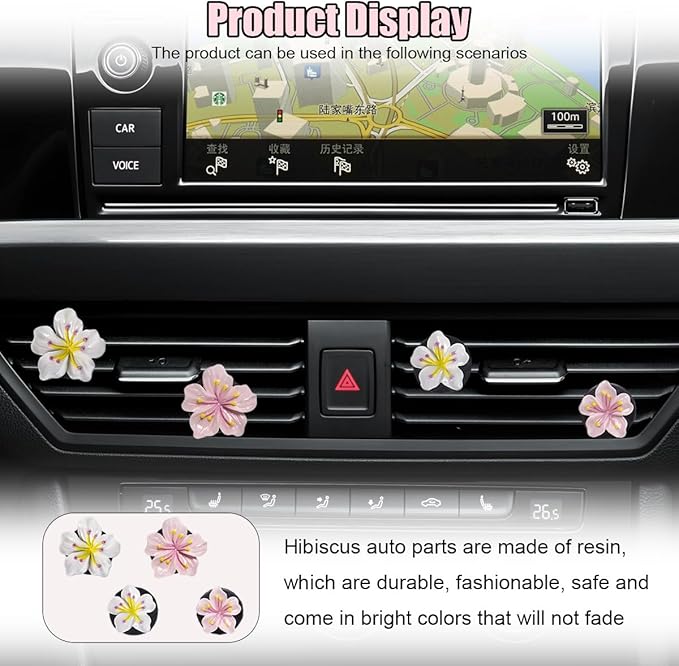 Cute Car Dashboard Air Vent Trim Clips, Hawaiian Flower Auto Air Freshener Vent Clip, Auto Air Conditioning Diffuser, Hibiscus Blossom Car Interior Accessories Decorations for Girls Women (4PCS)