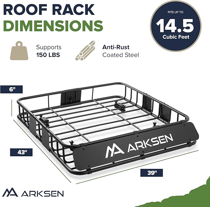 ARKSEN 43" x 39" x 6" Roof Rack Basket with Extension & Cargo Net, 150 lb Heavy-Duty Steel Cargo Carrier, Fits Crossbars up to 1.38" Thick, for SUV & Pickup Truck