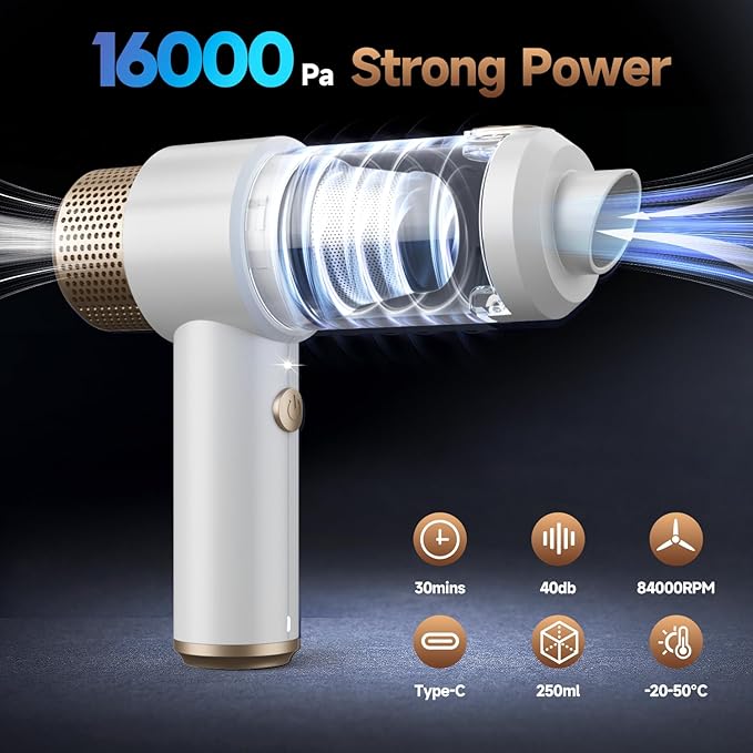 Car Vacuum Cleaner, 16000PA Mini Car Vacuum Cordless Powerful, 7 in 1 Portable Handheld Vacuum Cordless with LED Light, Dual Filters, One-Touch Empty for Pet Hair, Home, Office