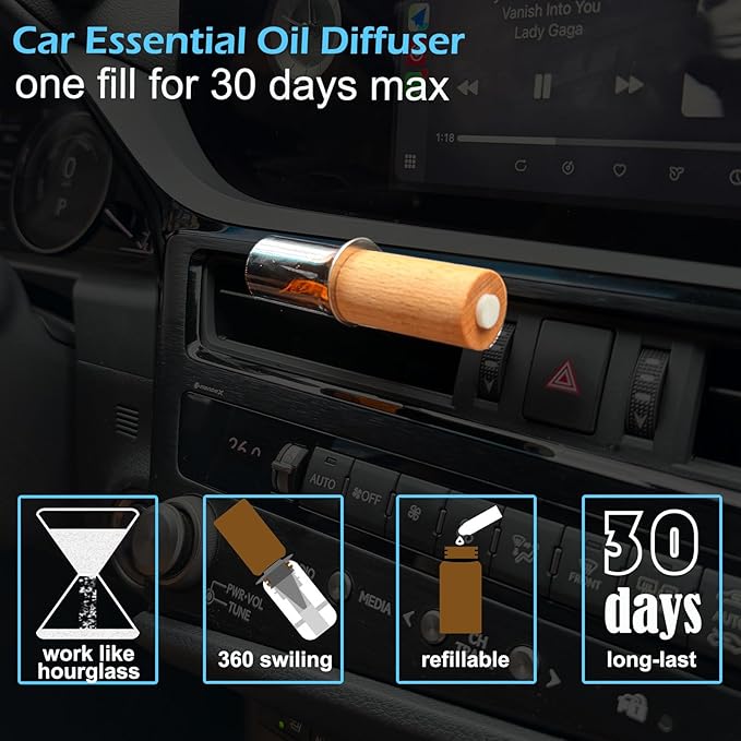 Refillable Car Essential Oil Diffuser with Lemon Oil (10ml), 30 Days’ Vent Clip Air Freshener Commuter Aromatherapy Non-toxic Strong Natural Fragrance Odor-fighting Fresh Scent for Women Men (2 Sets)