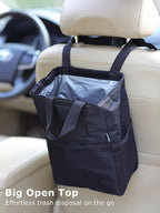 Ginsco New Leak-Proof Travel Trash Bag, Hanging Car Trash Can with Hook and Loop Lid and Handle, Multipurpose Trash Bin with Storage Pockets for Car SUV Truck RV Camping 2 Gallons, Black