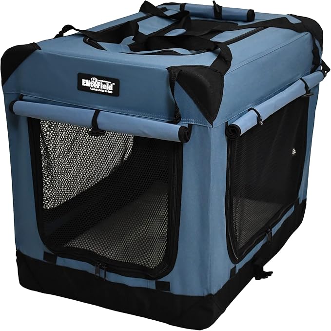 EliteField 4-Door Folding Soft Dog Crate with Curtains, Carrying Bag and Fleece Bed (2 Year Warranty), Indoor & Outdoor Pet Home (30" L x 21" W x 24" H, Blue Gray+4 Door Curtains)