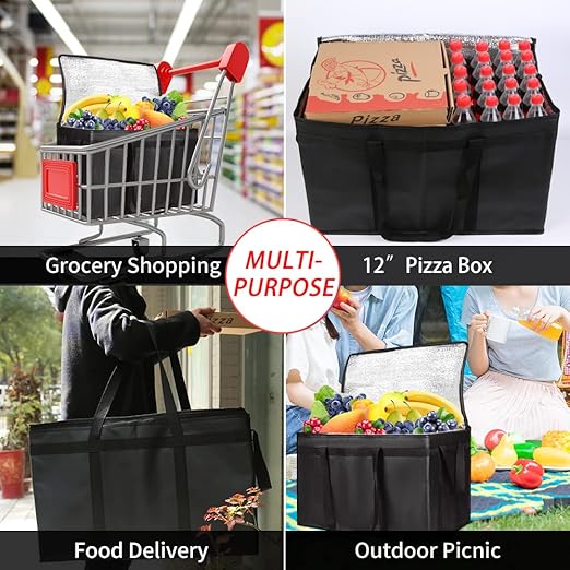 CIVJET 1-Pack Insulated Food Delivery Bag with Hard Bottom, XXX-Large Commercial Food Warmers for Delivery Drivers, Insulated Reusable Grocery Cooler/Hot Bags, Tote Bag for Shopping/Travel, Black