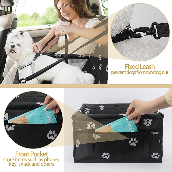 PetsHome Dog Car Seat Foldable Dog Car Booster Seat Waterproof Breathable Oxford Travel Bag for Small to Medium Dogs, Puppies, and Pets-Footprint Black+Mat