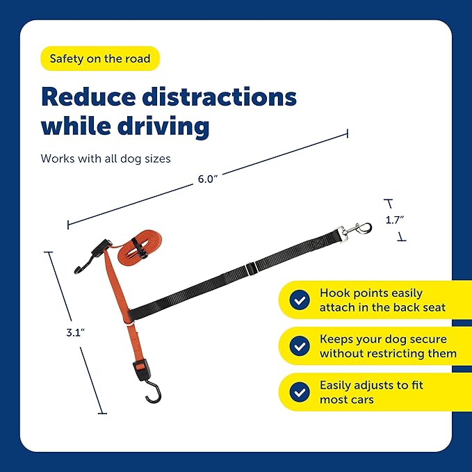 PetSafe Happy Ride Dog Zipline - Secure Backseat Mobility Dog Travel Restraint - Decreases Driver Distraction - Adjustable Strap & Quick-Release Tether Clips - Tool-Free Installation