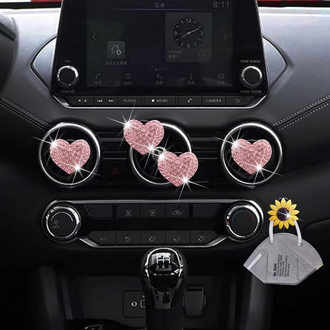 Bling Heart Air Vent Clips, Crystal Heart Car Air Fresheners Vent Clips Diffuser Vent Clip Rhinestone Car Decoration Interior Decor Cute Accessories for Women (Pink) + Sunflower Mask Hook