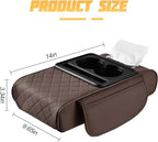 Car Center Console Armrest Pillow, Memory Foam Leather 4 in 1 Vehicle Arm Rest Cover with Tissue Box 2 Side Storage Bag Cup & Phone Holder, Auto Armrest Cushion, Universal Fit (Brown)