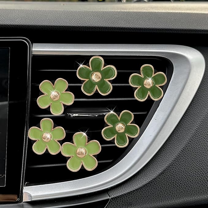 Green Flower Car Decor,6pcs Green Daisy Air Vent Clips Car Air Fresheners,2 Sizes Sage and Olive Green Flowers Dashboard Decorations Accessories for Women,Girly Refillable Diffuser