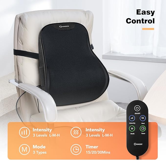 KNQZE Lumbar Support Pillow for Office Chair, Heated Back Support Pillow with Vibration, Back Massage for Pain Relief, 3 Heating Levels & 4 Motors & 3 Intensities, at Home Office Car Sofa - Black