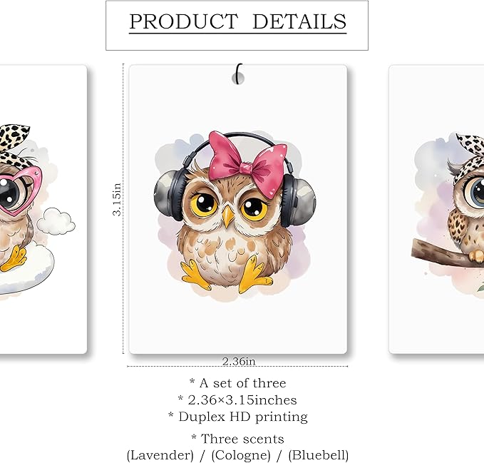Mancheng-zi Cute Owl Car Air Freshener 3Pcs, Gifts for Owl Lovers Air Freshener Hanging for Cars Closet Drawer or Books, Cute Car Accessories Mirror Decor for Women