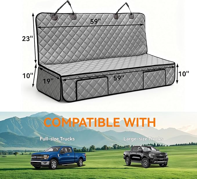 Dog Truck Seat Cover for Back Seat,Waterproof Back Seat Cover for Truck,Heavy-Duty Scratchproof Pu Leather Bench Seat Covers for Trucks Ford F-Series/Chevrolet Silverado/Ram/Jeeps (Grey, X-Large)