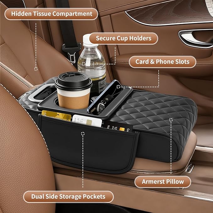 5-in-1 Car Armrest Cushion, Multifunctional PVC Leather Center Console Armrest Pillow Elbow, Universal Arm Box Pad Cover with Cup Holder, Phone Slot, Tissue Box Slot & 2 Storage Bags, Black