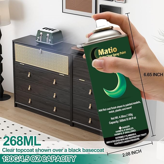 Matio Matte Clear Coat Spray Paint, 4.58oz/ 130g Matte Finish Spray Paint Coating, 268ml Sealer Spray for Arts & Craft,Work on Metal, Wood, Plastic,Wicker,Cardboard,Glass Ceramic Enamel,Painting,Model